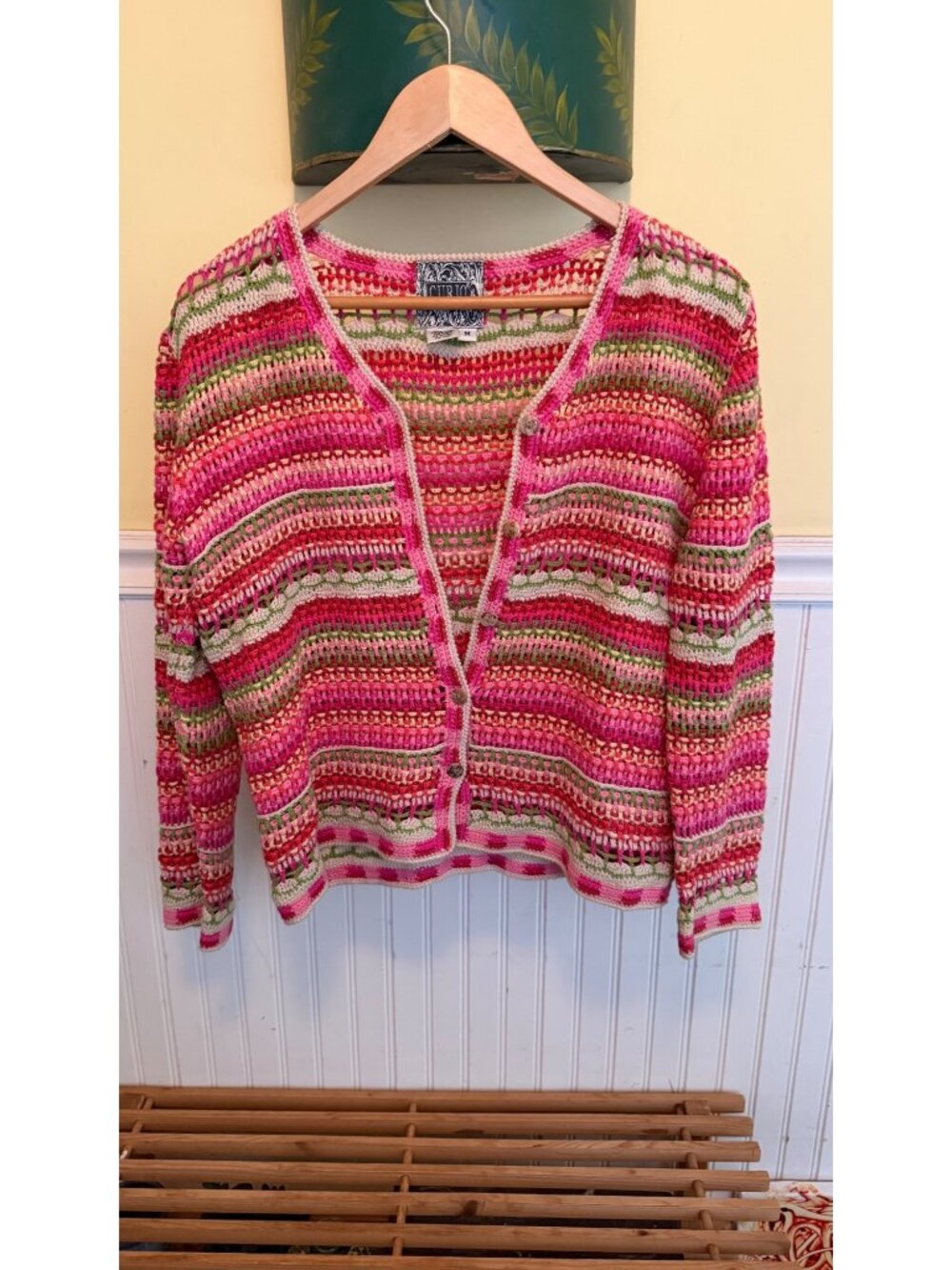 Colorful vintage Crochet Cardigan Sweater By Curio Ramie & Cotton Blend Button M